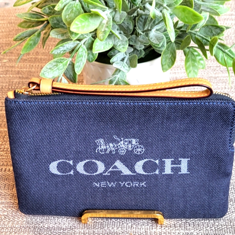 Coach Large Denim Corner Zip Wristlet w/ Coach Logo, Horse & Carriage On…
